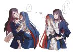  2girls alear_(female)_(divine_attire)_(fire_emblem) alear_(female)_(fire_emblem) alear_(fire_emblem) blue_eyes blue_hair blush bow braid breasts cleavage_cutout clothing_cutout crossed_bangs crown_braid dress fire_emblem fire_emblem_engage height_difference heterochromia highres hug ivy_(fire_emblem) long_hair multicolored_hair multiple_girls official_alternate_costume open_mouth oratoza purple_hair red_eyes redhead romper shorts sleeves_rolled_up smile split-color_hair tiara two-tone_hair very_long_hair violet_eyes yuri 