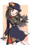  1girl :d absurdres black_dress black_headwear border brown_eyes brown_gloves brown_hair dress eyelashes gloves gonzarez hat highres holding holding_poke_ball leaf_(champion)_(pokemon) leaf_(pokemon) long_hair long_sleeves looking_at_viewer luxury_ball official_alternate_costume outside_border poke_ball pokemon pokemon_(game) pokemon_masters_ex shadow smile solo teeth upper_teeth_only 