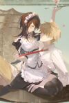  1boy 1girl apron arm_up ayuzawa_misaki black_choker black_footwear black_ribbon black_skirt black_sleeves black_thighhighs blonde_hair brown_hair choker collared_shirt couple eye_contact frilled_choker frills green_eyes hetero highres holding holding_plate kaichou_wa_maid-sama! long_hair looking_at_another maid_headdress miniskirt necktie necktie_grab neckwear_grab plate procreate_(medium) red_necktie ribbon samo_(shichun_samo) shirt short_hair skirt smile thigh-highs underbust usui_takumi waist_apron white_apron white_shirt wing_collar yellow_eyes zettai_ryouiki 