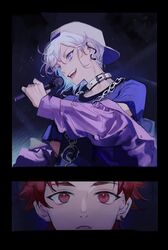  2boys blue_hair blue_shirt chain_necklace collar facing_to_the_side highres holding holding_microphone jacket jewelry light_blue_hair light_purple_hair male_focus microphone multicolored_hair multiple_boys necklace paradox_live parted_lips phantometal_(paradox_live) pota_(harmony) purple_jacket red_eyes redhead shirt short_hair sugasano_allen teeth violet_eyes white_collar yatonokami_kanata 