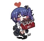  1girl =_= artist_name black_footwear blue_hair blush box brand_name_imitation chibi clip_studio_paint_(medium) closed_eyes clothes_around_waist clothes_pin coat commentary_request dated dr_pepper drink drinking drinking_straw drinking_straw_in_mouth girls_frontline grey_coat hair_between_eyes hair_ornament heart holding holding_box jacket jacket_around_waist k11_(girls&#039;_frontline) korean_commentary lab_coat long_hair lowres madcore off_shoulder shoes side_ponytail simple_background solo walking white_background 