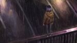  1girl brown_hoodie commentary_request elvafirst english_commentary from_above from_behind highres hood hoodie imminent_suicide kurokawa_akane night on_railing oshi_no_ko outdoors pants purple_hair railing rain road solo standing wide_shot 