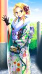  1girl black_gloves blonde_hair closed_mouth day doukyuusei_another_world floral_print furisode game_cg gloves green_kimono japanese_clothes kakyuusei kimono long_sleeves looking_at_viewer obi orange_eyes outdoors print_kimono sash shindou_reiko short_hair_with_long_locks sidelocks smile solo standing 