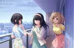 3girls balcony black_hair blue_eyes blush character_request dress idolmaster_cinderella_girls_starlight_stage long_hair official_art rain sagisawa_fumika smile