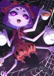  arthropod_girl black_pantyhose character_request colored_skin copyright_request cup extra_arms extra_eyes fangs glowing glowing_eyes highres holding holding_cup holding_teapot monster_girl muffet pantyhose puffy_shorts purple_hair purple_skin red_shorts red_skirt short_hair shorts silk skirt spider_girl spider_web teapot tokumaro twintails undertale 