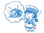  1girl artist_logo bell blue_theme bug chibi commentary_request dress full_body hat hiburi_(kancolle) imagining jingle_bell kantai_collection kutone_shirika low_ponytail monochrome sailor_collar sailor_dress sailor_hat short_hair short_ponytail short_sleeves solo standing translation_request |_| 