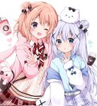  2girls ;d animal_on_head belt belt_buckle blue_eyes blue_shirt blush bow bowtie breast_pocket brown_hair buckle cardigan chestnut_mouth collared_shirt gochuumon_wa_usagi_desu_ka? hair_between_eyes hair_bun hair_ornament highres hood hood_down hooded_cardigan hoto_cocoa kafuu_chino kokoshira_0510 long_hair multiple_girls on_head one_eye_closed open_cardigan open_clothes pink_cardigan plaid plaid_skirt pocket rabbit rabbit_hair_ornament rabbit_on_head ribbed_sweater shirt skirt smile striped striped_bow striped_bowtie stuffed_animal stuffed_rabbit stuffed_toy sweater tippy_(gochiusa) v very_long_hair violet_eyes white_background white_belt white_hair white_sweater wing_collar x_hair_ornament 