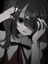  1girl ame-chan_(needy_girl_overdose) black_eyes black_hair black_nails black_ribbon chary_(charynya) collar collared_shirt hair_ornament hair_over_one_eye hands_on_own_face hands_up highres long_hair looking_at_viewer multicolored_nails neck_ribbon needy_girl_overdose open_mouth red_nails red_shirt ribbon shirt simple_background solo tears twintails upper_body white_collar x_hair_ornament 