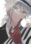  1boy absurdres black_jacket blue_eyes braid bungou_stray_dogs closed_mouth gloves green_eyes hand_up hat heterochromia highres jacket long_hair long_sleeves male_focus monocle multicolored_clothes multicolored_jacket nikolai_gogol_(bungou_stray_dogs) r1kuuw red_gloves scar scar_across_eye simple_background single_braid smile solo two-tone_jacket upper_body white_background white_hair white_headwear white_jacket 