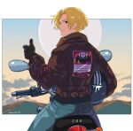  1boy another_eden black_gloves blonde_hair blue_eyes brown_jacket character_request closed_mouth clouds denim english_text gloves helmet jacket jeans looking_at_viewer looking_back male_focus motor_vehicle motorcycle motorcycle_helmet mountain pants shinwoo_choi short_hair solo thumbs_up 