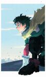  1boy black_footwear black_pants boku_no_hero_academia border cape freckles gloves green_eyes green_hair highres male_focus meld_me midoriya_izuku on_one_knee open_mouth pants rooftop short_hair solo torn_cape torn_clothes white_border white_gloves yellow_cape 