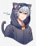  1boy animal_hood black_hood black_hoodie cat_hood cat_tail character_request closed_mouth copyright_request green_eyes hair_between_eyes highres hood hoodie male_focus mochi_ggg red_shirt shirt short_hair smile solo tail white_hair 