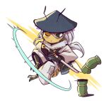  1boy arthropod_boy black_headwear black_sclera chibi colored_sclera cutting d-rex expressionless fur_collar highres holding holding_sword holding_weapon japanese_clothes kimono long_sleeves one_eye_closed original solo sword weapon white_background white_eyes yellow_background 