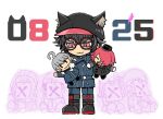 1boy :3 :d ahoge animal_ears animal_hat aphex_logan belt black_footwear black_hair black_headwear blue_belt blue_jacket blue_pants boots cabbie_hat character_doll closed_eyes closed_mouth commentary_request dated doll fake_animal_ears full_body glasses hanabusashu hat holding holding_doll jacket male_focus master_detective_archives:_rain_code melami_goldmine open_mouth pants paper_on_head pucci_lavmin purple_hair red-framed_eyewear red_eyes redhead round_eyewear short_hair smile solo spoilers standing yomi_hellsmile yuma_kokohead zange_eraser zilch_alexander 