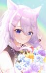  1girl animal_ears bare_shoulders blue_eyes blush bow bowtie cat_ears crossed_bangs detached_sleeves flower frilled_shirt_collar frills hair_between_eyes hair_ornament hairclip highres holding holding_flower horo_27 lips long_hair looking_at_viewer nijisanji nijisanji_kr nun_bora nun_bora_(3rd_costume) portrait purple_bow purple_bowtie purple_hair sidelocks smile virtual_youtuber 