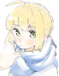  1girl ahoge artoria_pendragon_(fate) blonde_hair blue_scarf blush breath close-up coat fate/stay_night fate_(series) green_eyes highres long_sleeves looking_at_viewer parted_lips saber scarf sidelocks simple_background sketch solo tenoo12 white_background white_coat 