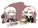  2girls aug_(girls&#039;_frontline) black_jacket blonde_hair blush bread broccoli chibi closed_eyes closed_mouth commentary cross_hair_ornament cutting egg_(food) expressionless eyes_visible_through_hair floppy_disk flower food fur_trim girls_frontline hair_between_eyes hair_flower hair_ornament hair_over_one_eye holding holding_knife holding_spork jacket kar98k_(girls&#039;_frontline) knife lettuce long_hair long_sleeves madcore multiple_girls plate sandwich simple_background smile square table u_u what white_hair yellow_eyes 