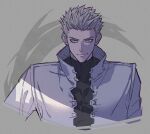  1boy black_shirt blue_eyes closed_mouth grey_background jacket male_focus millions_knives mole mole_under_eye shaneludwig999 shirt short_hair smile solo trigun upper_body white_hair white_jacket 