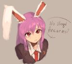  1girl animal_ears black_jacket blazer blouse commentary crescent english_commentary jacket long_hair meme necktie no_bitches?_(meme) pleading_eyes portrait purple_hair rabbit_ears rabbit_girl red_eyes red_necktie reisen_udongein_inaba shirt simple_background solo sparkle71059204 speech_bubble touhou white_shirt wing_collar 