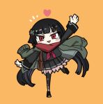  1girl :d arm_up black_footwear black_hair black_pantyhose black_serafuku black_shirt black_skirt blunt_bangs blush chibi clip_studio_paint_(medium) commentary_request full_body girls_frontline green_jacket hair_ornament heart jacket jacket_on_shoulders korean_commentary long_hair long_sleeves looking_at_viewer madcore neckerchief notice_lines open_mouth orange_background pantyhose pleated_skirt red_eyes red_neckerchief red_scarf scarf school_uniform serafuku shirt skirt smile solo standing standing_on_one_leg type_100_(girls&#039;_frontline) v-shaped_eyebrows very_long_hair 