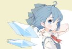  1girl ahoge blue_dress blue_eyes blue_hair blush_stickers bow cirno collared_shirt dress expressionless hair_bow highres ice ice_wings looking_at_viewer neck_ribbon red_ribbon ribbon shirt short_hair short_sleeves solo tenoo12 touhou two-tone_background upper_body white_shirt wings 