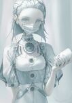 1girl absurdres breasts capelet colored_eyelashes commentary_request cup dress hair_pulled_back highres holding holding_cup looking_at_viewer mask mouth_mask original pale_skin roitz_(_roitz_) short_hair small_breasts solo string string_phone surgical_mask white_dress white_eyes white_hair white_theme 