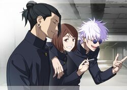  1girl 2boys black_hair black_jacket brown_eyes cigarette closed_eyes closed_mouth commentary_request ear_piercing gakuran getou_suguru gojou_satoru grin hair_between_eyes hair_bun hair_pulled_back high_collar holding holding_cigarette ieiri_shoko jacket jujutsu_kaisen jujutsu_tech_uniform leaning_on_person long_sleeves mole mole_under_eye multiple_boys nyoro_(nyoronyoro000) open_mouth piercing plug_(piercing) round_eyewear school_uniform short_hair single_hair_bun smile smoking sunglasses swept_bangs upper_body white_hair 