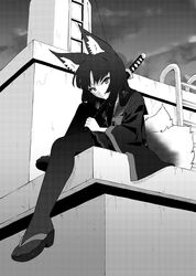  1girl animal_ear_fluff animal_ears check_copyright closed_mouth commentary_request copyright_request fox_ears fox_girl from_below full_body greyscale highres holding holding_sword holding_weapon katana knee_up ladder long_hair long_sleeves looking_at_viewer miniskirt monochrome multiple_tails on_roof original outdoors pantyhose pleated_skirt sailor_collar sakuragi_rian sandals sheath sheathed sitting skirt solo sword tail weapon wide_sleeves 