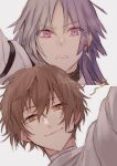  2boys absurdres brown_eyes brown_hair bungou_stray_dogs closed_mouth dazai_osamu_(bungou_stray_dogs) earrings frown highres jewelry long_hair looking_at_viewer male_focus multicolored_hair multiple_boys musical_note pink_eyes portrait purple_hair r1kuuw short_hair sigma_(bungou_stray_dogs) simple_background smile sweatdrop two-tone_hair v-shaped_eyebrows white_background white_hair 