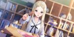  1girl bento black_ribbon blonde_hair blue_reflection blue_reflection_sun blush classroom desk embarrassed food food_art fork game_cg grey_eyes highres holding holding_fork incoming_food indoors kishida_mel long_hair long_sleeves looking_at_viewer morisaki_alesia_yu neck_ribbon non-web_source open_mouth parted_bangs ribbon rice school_desk school_uniform serafuku shelf sitting solo sunlight tako-san_wiener white_serafuku 