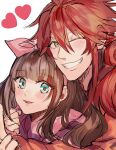  1boy 1girl :d blue_eyes blush bow brown_hair cardia_beckford code:realize green_eyes grin heart hetero highres impey_barbicane kash-phia long_hair one_eye_closed pink_bow redhead simple_background smile upper_body 
