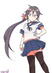  1girl absurdres akebono_(kancolle) akebono_kai_(kancolle) bell black_thighhighs blue_sailor_collar blue_skirt feet_out_of_frame flower hair_bell hair_flower hair_ornament hand_on_own_hip highres jingle_bell kantai_collection long_hair one-hour_drawing_challenge pleated_skirt purple_hair robinson_(day_l_full) sailor_collar school_uniform serafuku short_sleeves side_ponytail simple_background skirt solo thigh-highs twitter_username very_long_hair violet_eyes white_background 