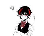  1boy 69_ronku black_hair black_vest blush bow bowtie closed_mouth collared_shirt highres library_of_ruina long_sleeves multicolored_hair nosferatu_(project_moon) pointy_ears project_moon red_bow red_bowtie red_eyes redhead shirt simple_background solo squiggle streaked_hair upper_body vest white_background white_shirt 