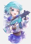  1girl :d apex_legends armband artist_name black_shirt blue_eyes blue_nails bow breasts commission d-pad d-pad_hair_ornament earrings error fingerless_gloves foregrip gloves grey_background gun hair_ornament holding holding_gun holding_weapon holdng_gun hood hood_down hoodie indie_virtual_youtuber jewelry medium_breasts misumi_sumomo miyoshi_yorube one_eye_closed open_mouth original purple_bow purple_hoodie purple_skirt r-99_smg sample_watermark shirt skirt smile solo star_(symbol) star_earrings submachine_gun trigger_discipline virtual_youtuber weapon 