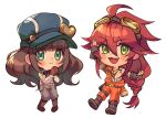  1boy 1girl ahoge blue_eyes blush braid brown_footwear brown_gloves cardia_beckford chibi code:realize fangs fingerless_gloves gloves goggles goggles_on_head green_eyes hand_up hat highres impey_barbicane jewelry kash-phia long_hair necklace orange_overalls overalls own_hands_together pants redhead simple_background smile very_long_hair white_background 