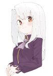  1girl ascot blush brown_eyes collared_shirt commentary_request cropped_torso fate/stay_night fate_(series) highres illyasviel_von_einzbern long_hair long_sleeves looking_at_viewer own_hands_together partial_commentary purple_shirt shirt simple_background sketch smile solo tenoo12 upper_body white_background white_hair 