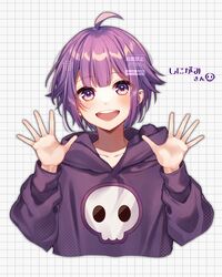  1girl character_request copyright_request hands_up highres hood hoodie long_sleeves medium_hair mochi_ggg open_mouth pink_hoodie purple_hair short_hair skull skull_print smile violet_eyes 