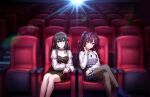 2girls black_hair blue_eyes crossed_legs dress frown ichinose_shiki idolmaster_cinderella_girls_starlight_stage long_hair looking_at_viewer movie_theater official_art open_mouth sagisawa_fumika sitting