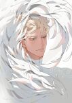  1boy blonde_hair blue_eyes feathered_wings highres male_focus millions_knives mole mole_under_eye parted_lips shaneludwig999 short_hair simple_background smile solo trigun trigun_stampede upper_body white_background white_wings wings 