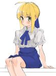  1girl :/ ahoge artoria_pendragon_(fate) blonde_hair blue_ribbon blue_skirt blush collared_shirt fate/stay_night fate_(series) feet_out_of_frame green_eyes hair_ribbon high-waist_skirt highres looking_at_viewer ribbon saber shirt short_sleeves sidelocks sitting sketch skirt solo tenoo12 