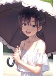  1girl bare_shoulders black_eyes black_hair blush dress earrings flat_chest hair_ornament hairclip highres holding holding_umbrella idolmaster idolmaster_(classic) idolmaster_1 jewelry kikuchi_makoto looking_at_viewer nekopuchi open_mouth outdoors parasol short_hair smile solo umbrella white_dress white_umbrella 