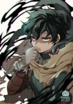  1boy artist_logo artist_name bags_under_eyes black_whip_(boku_no_hero_academia) blurry blurry_background blurry_foreground bodysuit boku_no_hero_academia bright_pupils cape chromatic_aberration closed_mouth commentary dated_commentary depth_of_field floating_cape floating_clothes freckles from_side gloves green_bodysuit green_eyes green_hair grey_gloves hair_between_eyes hand_to_own_mouth hand_up hobak looking_at_another looking_to_the_side male_focus midoriya_izuku narrowed_eyes official_alternate_costume pixiv_id short_hair shoulder_strap sideways_glance simple_background soft_focus solo spoilers tendril torn_cape torn_clothes torn_sleeves twitter_username upper_body white_background white_pupils yellow_cape 