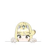  1girl blonde_hair blush brown_eyes commentary_request covered_mouth hands_up headpiece mizukoromo mythra_(xenoblade) peeking_out simple_background solo white_background xenoblade_chronicles_(series) xenoblade_chronicles_2 