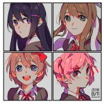  4girls blazer blue_eyes blush bow brown_hair collared_shirt dated doki_doki_literature_club green_eyes hair_bow hair_ornament hair_ribbon hairclip highres jacket kutako_(kutako138) long_hair looking_at_viewer looking_back monika_(doki_doki_literature_club) multiple_girls natsuki_(doki_doki_literature_club) open_mouth parted_lips pink_eyes pink_hair pout purple_hair red_bow red_ribbon ribbon sayori_(doki_doki_literature_club) school_uniform shirt short_hair sidelocks simple_background smile swept_bangs teeth twintails twitter_username upper_teeth_only violet_eyes white_ribbon white_shirt yuri_(doki_doki_literature_club) 