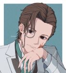  1058hoshi 1boy absurdres ascot blood blood_on_face blood_splatter blue_background border brown_eyes brown_hair closed_mouth frown green_ascot hair_slicked_back highres identity_v jacket long_sleeves male_focus monocle orpheus_(identity_v) scar scar_on_hand short_hair solo twitter_username upper_body white_border white_jacket 