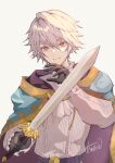  1boy artist_name ascot atoatto belt black_gloves cape collar fire_emblem fire_emblem_awakening fire_emblem_heroes frilled_collar frilled_sleeves frills gloves holding holding_sword holding_weapon looking_at_viewer official_art purple_cape red_eyes robin_(fire_emblem) robin_(male)_(exalt&#039;s_deliverer)_(fire_emblem) shirt short_hair smile solo sword upper_body weapon white_background white_hair white_shirt 