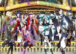  6+boys altessimo_(idolmaster) amamine_shu aqua_hair black_hair black_headwear blonde_hair blue_eyes blue_hair boots c.first_(idolmaster) copyright copyright_name frilled_sleeves frills gloves green_hair hair_between_eyes hanamura_shoma hanazono_momohito hat headset highres idolmaster idolmaster_side-m idolmaster_side-m_growing_stars japanese_clothes kagura_rei kitamura_sora kiyosumi_kuro koron_chris kuzunoha_amehiko legenders_(idolmaster) long_hair long_sleeves male_focus mayumi_eishin multicolored_hair multiple_boys nekoyanagi_kirio official_art pink_hair redhead sai_(idolmaster) stage star_(symbol) teeth tsuzuki_kei upper_teeth_only white_gloves white_hair wristband 