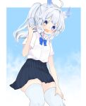  1girl ahoge bow bowtie cellphone commentary_request commission heterochromia highres hotta_chinoko indie_virtual_youtuber mikazuki_silvi open_mouth owl_ears owl_girl phone pleated_skirt ponytail school_uniform skeb_commission skirt smartphone thigh-highs white_hair zettai_ryouiki 
