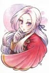  1girl black_jacket blush bubble cape chin commentary_request edelgard_von_hresvelg eyelashes fire_emblem fire_emblem:_three_houses gloves hair_ribbon hand_on_own_chin highres jacket light_purple_hair long_hair long_sleeves parted_bangs parted_lips pink_lips purple_ribbon red_cape ribbon signature straight_hair upper_body violet_eyes white_background white_gloves yamato_koara 