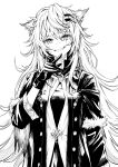  1girl absurdres animal_ear_fluff animal_ears arknights artist_name black_gloves coat dress gloves grey_eyes greyscale hair_between_eyes hair_ornament hairclip highres jewelry lappland_(arknights) lappland_(refined_horrormare)_(arknights) long_hair long_sleeves looking_at_viewer monochrome necklace official_alternate_costume open_clothes open_coat porte scar scar_across_eye scar_on_face smile solo standing strapless tail tube_top white_background wolf_ears wolf_girl wolf_tail 